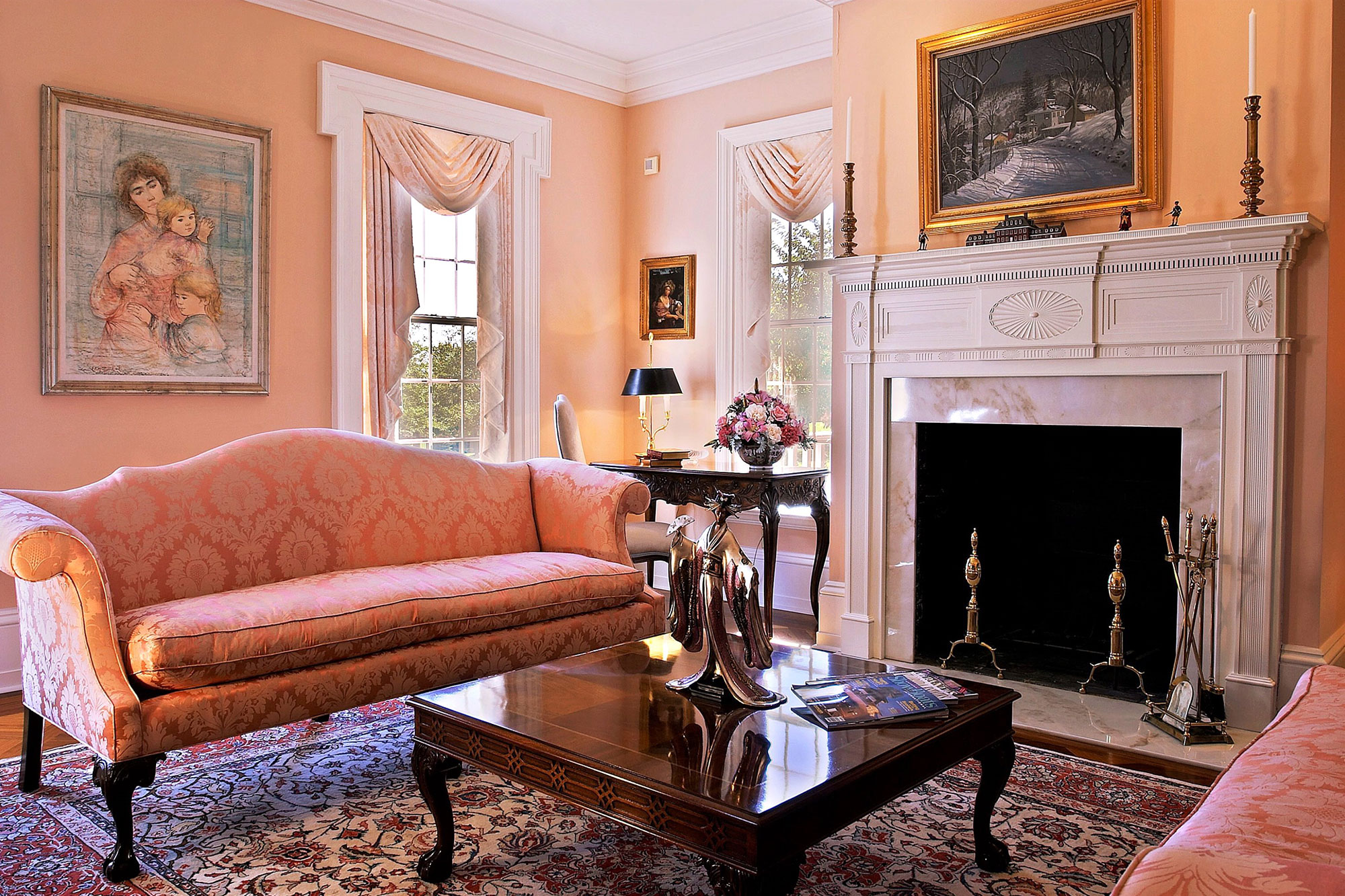 Georgian Colonial Living Room With Carved Fireplace