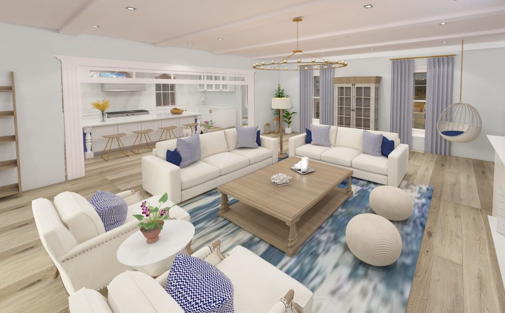 Coastal Style Family Room with white finishes and blue fabric accents